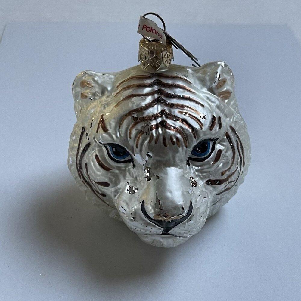 The Discovery Channel Store WHITE TIGER Blown Glass‎ Christmas Ornament Poland